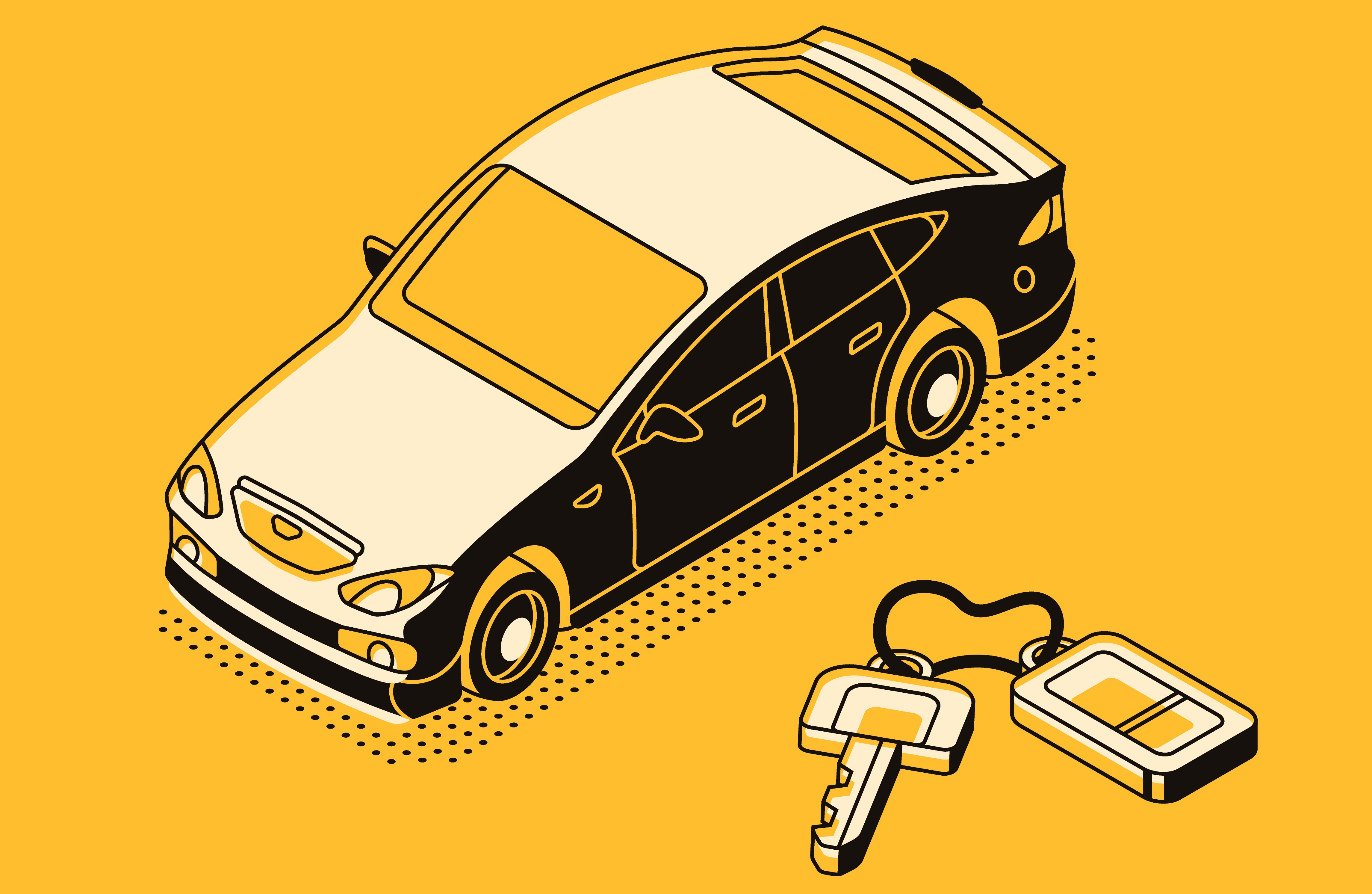 Car trade deal vector illustration of automotive sell and buy service agency or dealer company. Automobile and key on keychain isometric black thin line web design on yellow halftone background